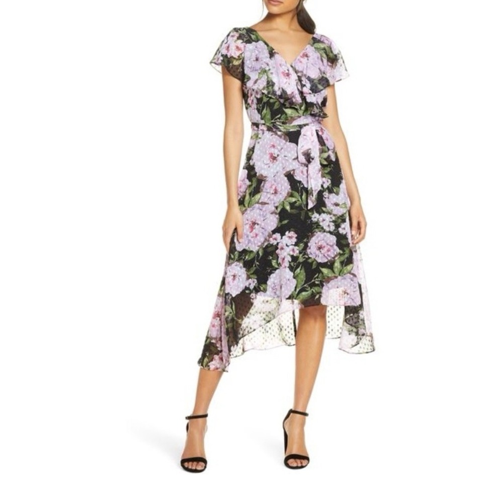 Julia Jordan Womens Floral Chiffon Flutter Sleeve V-Neck Midi Dress Size 16 Boho
